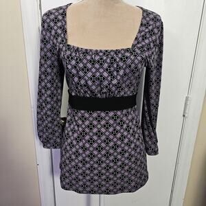 VTG Y2K Empire Waist Babydoll Top Size S Geometric Print Whimsygoth Fairy Grunge